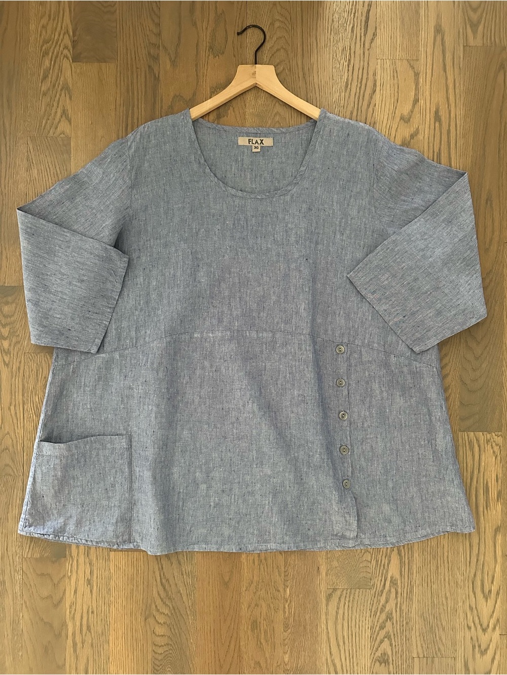 Vintage Flax Linen Round Neck 3/4 Sleeve Pocket Tunic Blouse in Blue Size 3X